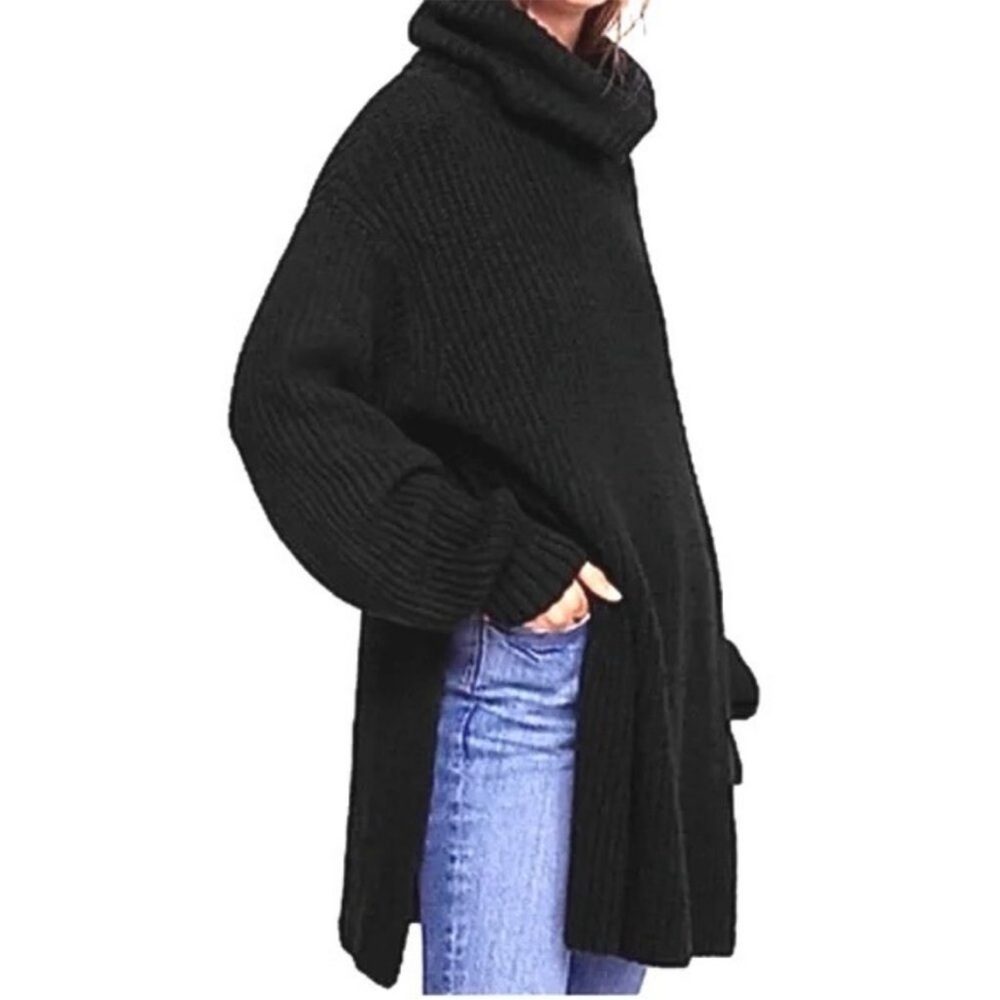 Free People Slouchy Black Rib Mock Neck Oversized Sweater Tunic Side Slit Small